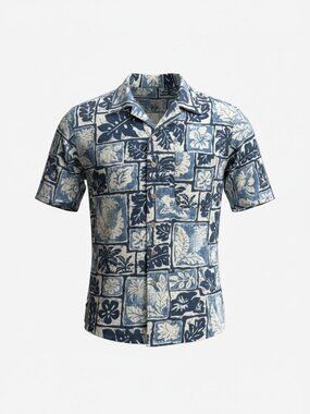 Batik Bay 100% Washable Silk Blue Patchwork Floral Hawaiian Shirt Size Small